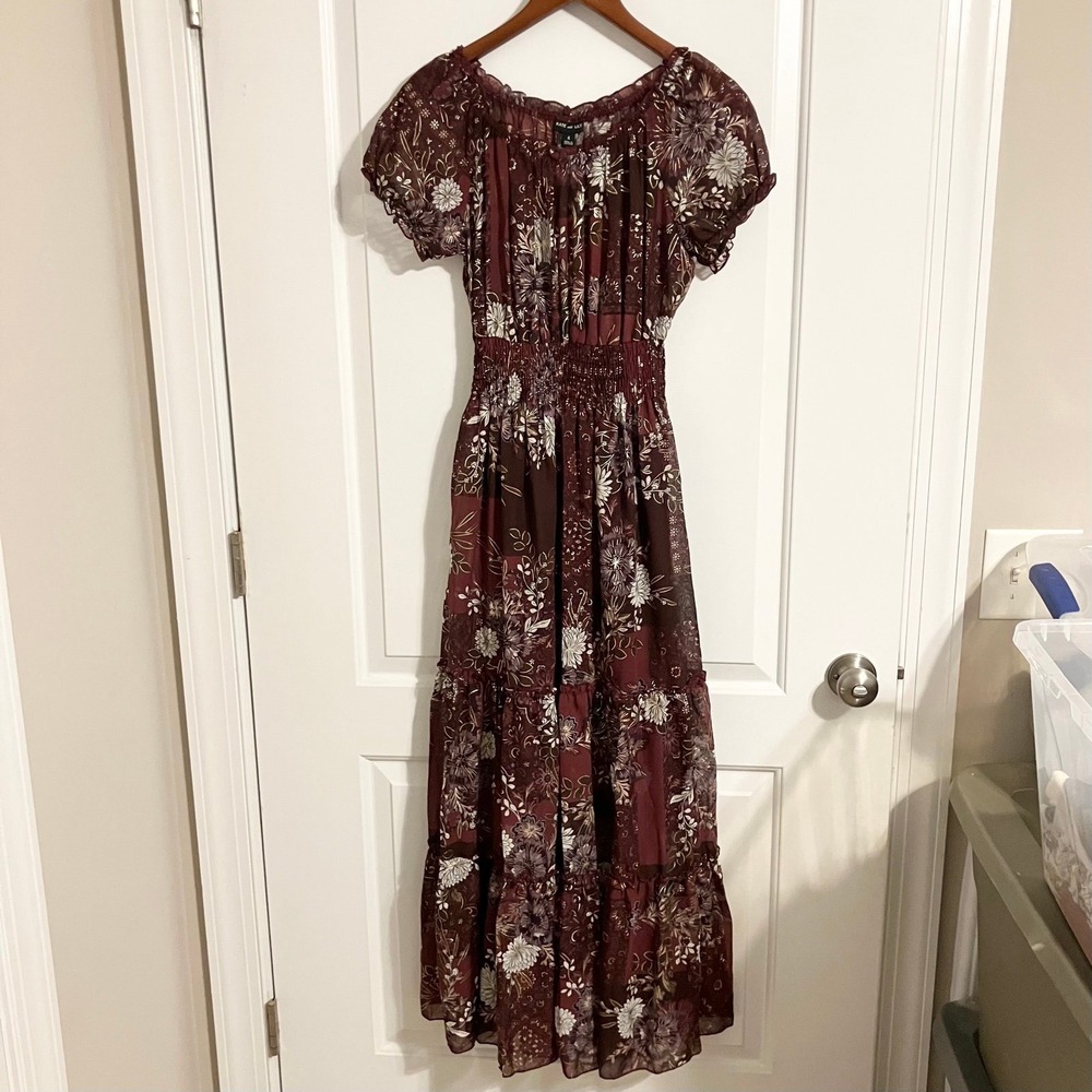 Anthropologie Kate & Lily romantic floral ruffled maxi boho dress wine Sz 4